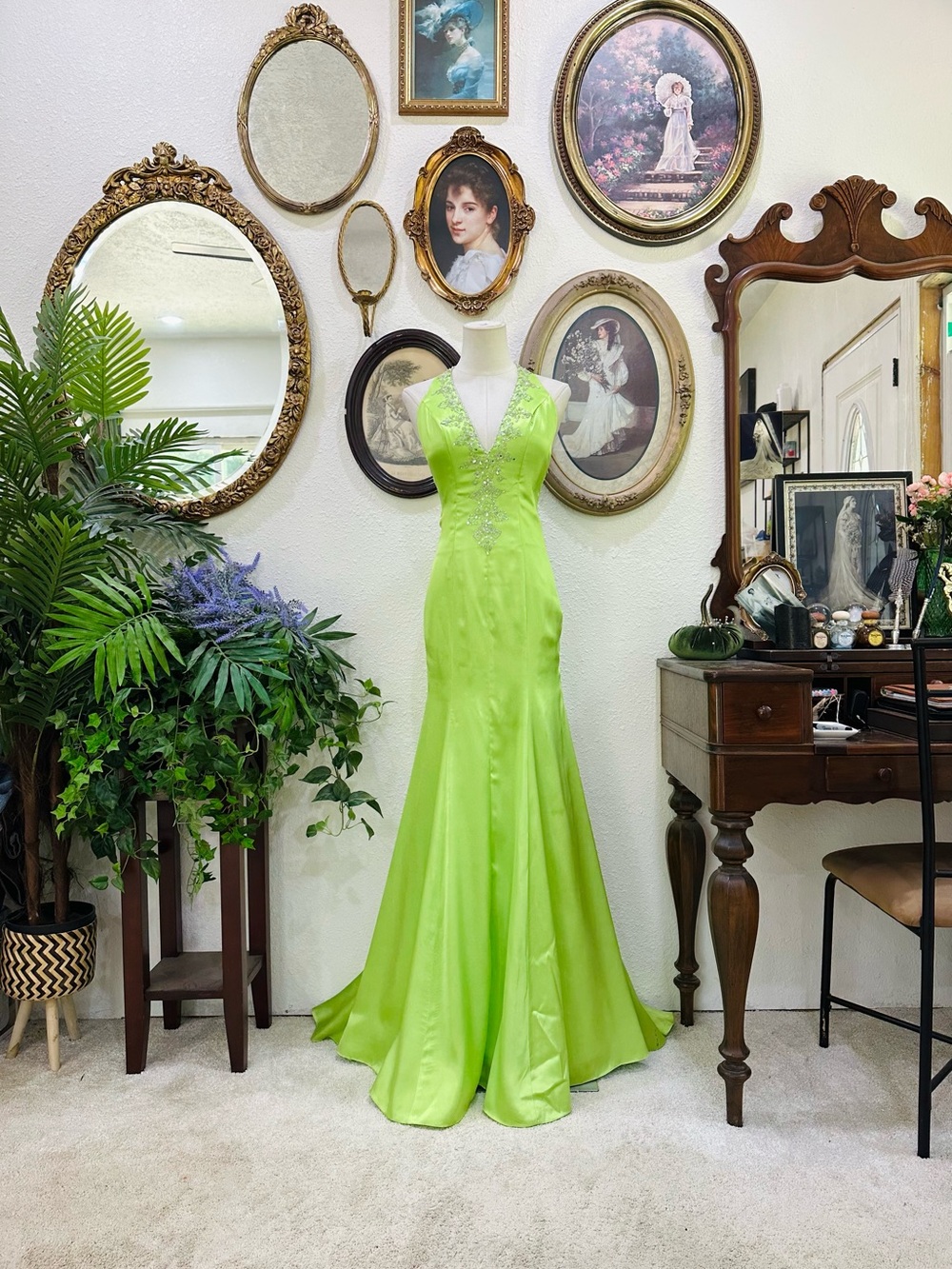 Mori Lee Bright Lime Green V-Neck Satin Evening Gown